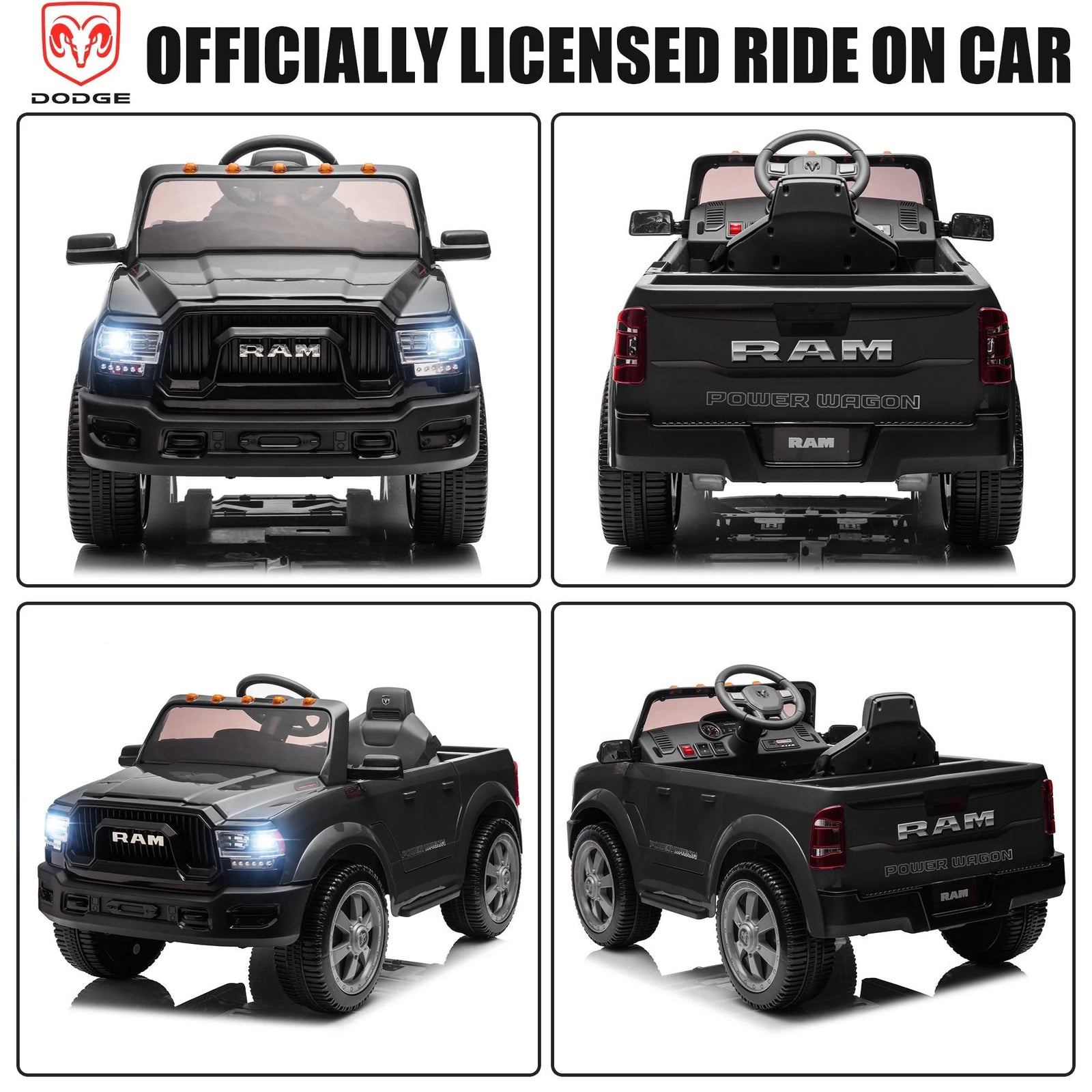 Dodge RAM 2500 Ride on Car for Kids, 12V Powered Ride on Toy with Remote Control, Rear Wheel Suspension, 5 Point Safety Harness, Bluetooth, LED Lights, Electric Vehicles for 3-6 Year Boys, Black