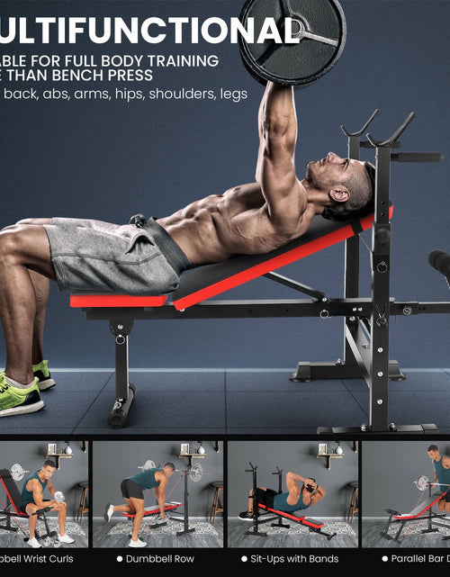 Load image into Gallery viewer, 6-In-1 Adjustable Weight Bench Set Bench Press with Squat Barbell Rack/Removable Foot Catch/Rowing Set Ideal for Incline, Flat, Decline, and Sit up Full Body Exercise Equipment
