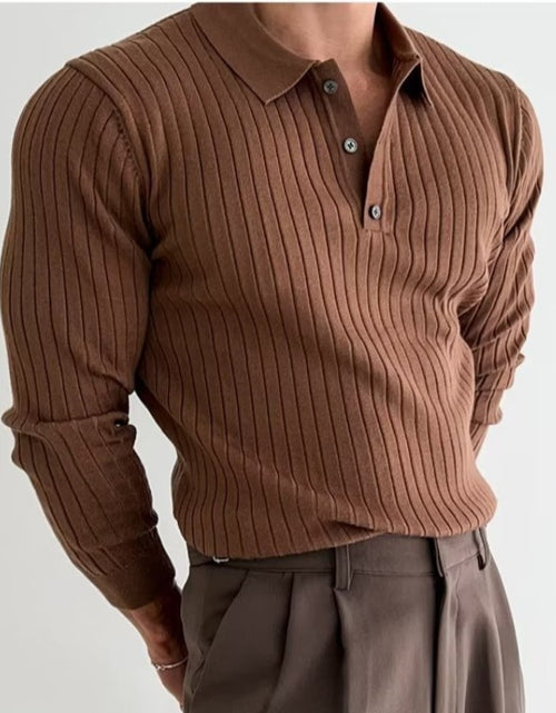 Load image into Gallery viewer, Lapel Button Long Sleeve Polo Shirt Slim Fashion Solid Striped Knitted Bottoming Shirt Top Men'S Clothing
