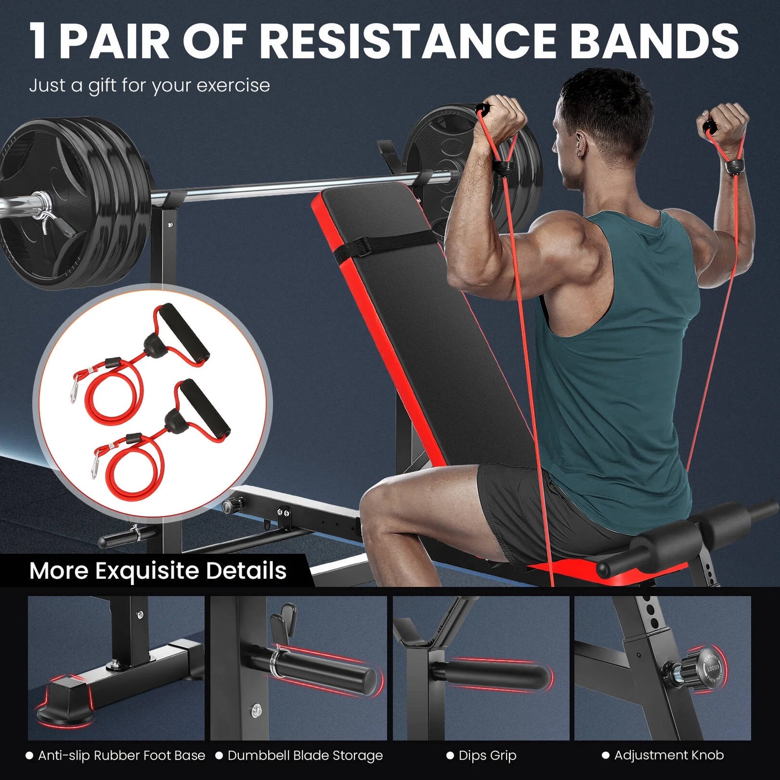 6-In-1 Adjustable Weight Bench Set Bench Press with Squat Barbell Rack/Removable Foot Catch/Rowing Set Ideal for Incline, Flat, Decline, and Sit up Full Body Exercise Equipment