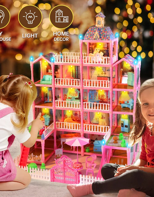 Load image into Gallery viewer, Doll House for Girls, 5-Story 19 Rooms Huge Dollhouse Playset with LED Lights, 2 Dolls, Furnitures, Accessories, DIY Pretend Play House Toys Gifts for Kids, Pink
