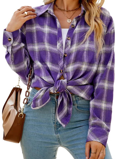 Load image into Gallery viewer, Plaid Flannel Shirts for Women Oversized Long Sleeve Button down Shirts Blouses Tops
