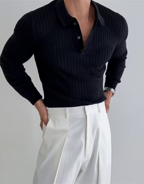 Load image into Gallery viewer, Lapel Button Long Sleeve Polo Shirt Slim Fashion Solid Striped Knitted Bottoming Shirt Top Men'S Clothing
