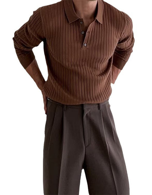 Load image into Gallery viewer, Lapel Button Long Sleeve Polo Shirt Slim Fashion Solid Striped Knitted Bottoming Shirt Top Men'S Clothing
