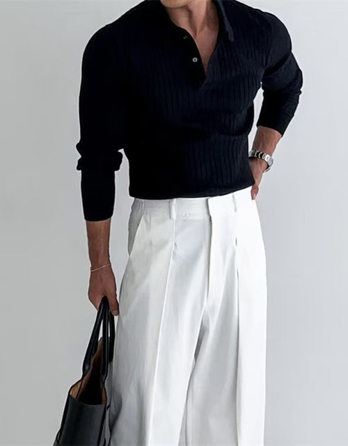 Load image into Gallery viewer, Lapel Button Long Sleeve Polo Shirt Slim Fashion Solid Striped Knitted Bottoming Shirt Top Men'S Clothing
