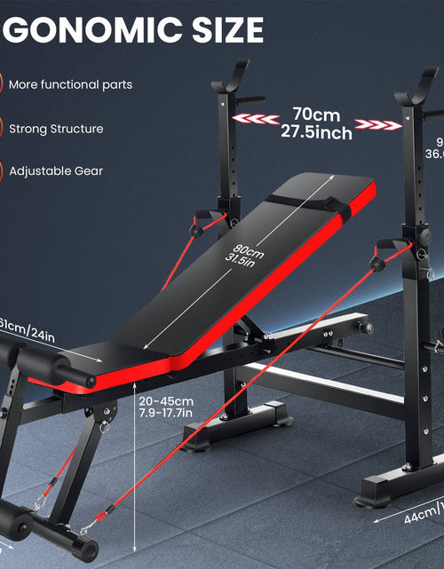 Load image into Gallery viewer, 6-In-1 Adjustable Weight Bench Set Bench Press with Squat Barbell Rack/Removable Foot Catch/Rowing Set Ideal for Incline, Flat, Decline, and Sit up Full Body Exercise Equipment

